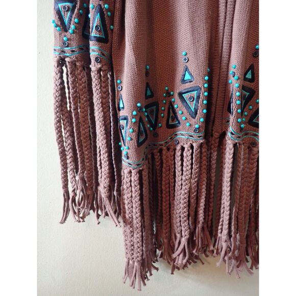 Bob Mackie Wearable Art Brown Full-Zip Sweater Beaded Turquoise Fringe Medium - Picture 5 of 10